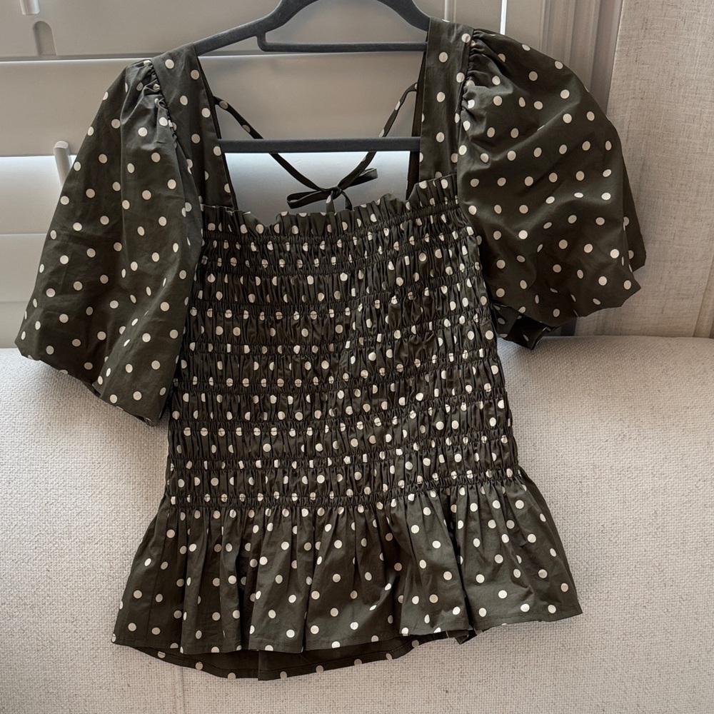 She + Sky Olive Polka Dot Smocked peplum top